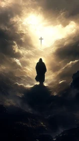 Silhouetted pilgrim walking into a storm-split heavenlit cross.
