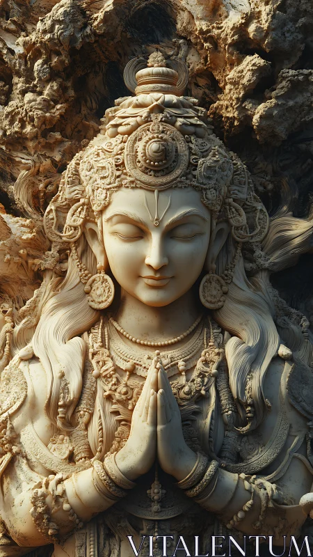 Intricate stone sculpture shows serene deity in prayer