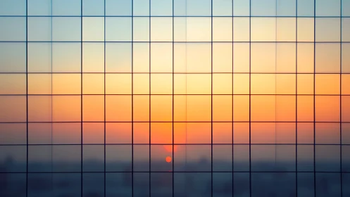 Grid-structured glass abstracts a minimal urban sunset glow