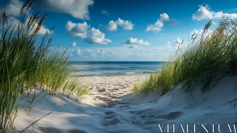 Sunlit sand dunes open onto a tranquil, cloudlit shoreline