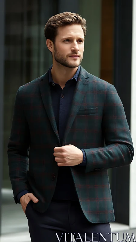 Stylish man in plaid blazer exudes contemporary urban sophistication and confidence.