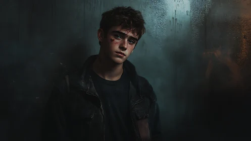 Bruised street dreamer bathed in moody urban shadows.