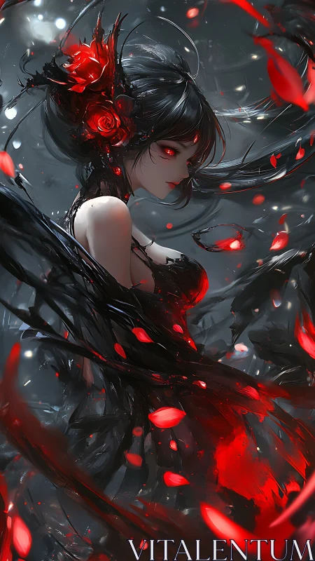 Dark robed female figure with red floral and petal accents.