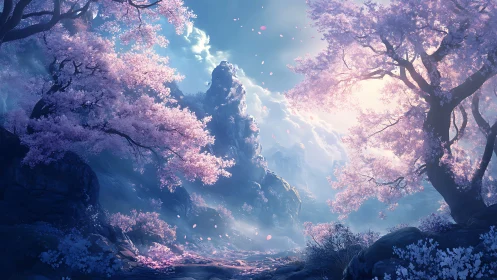 Luminous cherry trees frame misty mountain pass at sunrise
