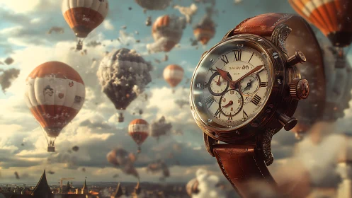 Vintage chronograph watch floats among dreamy hot air balloons.