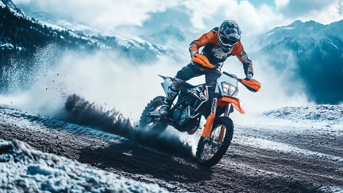 Dynamic alpine off-road motorcycle drift with snow plume precision.