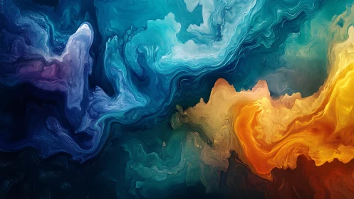Swirling teal and amber clouds flow in luminous abstract motion
