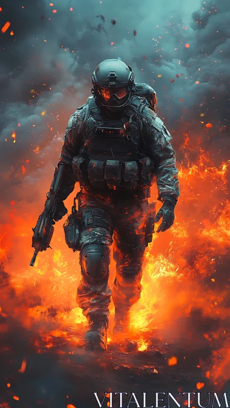 Armored sci fi soldier strides through raging battlefield fire.