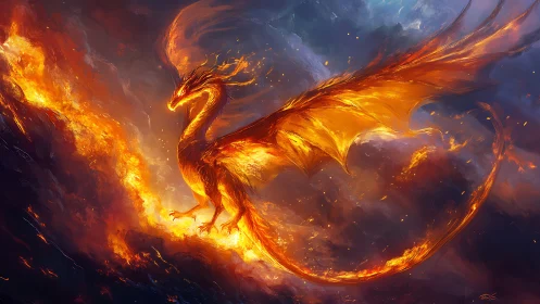 Fiery dragon ascends through molten sky in blazing vortex