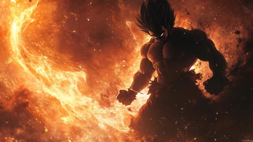 Muscular anime warrior stands in roaring firestorm aura.