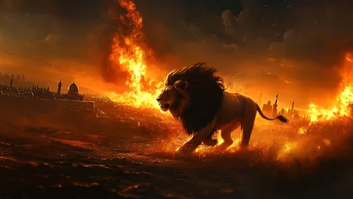 Majestic lion strides through infernal cityscape in blazing dusk