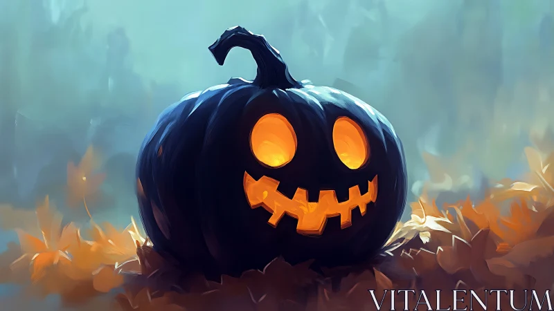 Digital painting of glowing jack-o’-lantern in misty foliage.
