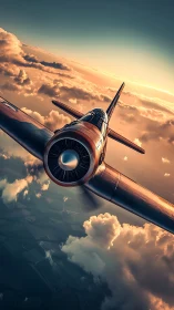 Single propeller aircraft over clouds at sunset altitude.