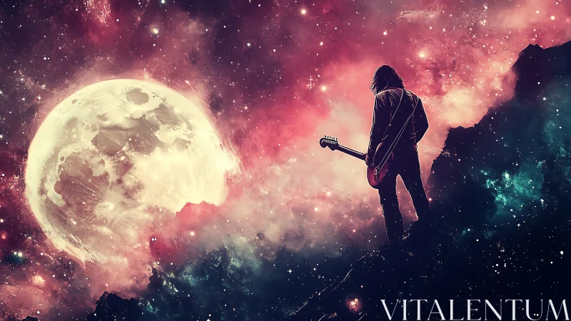 Silhouette of guitarist on ridge against enlarged lunar disc