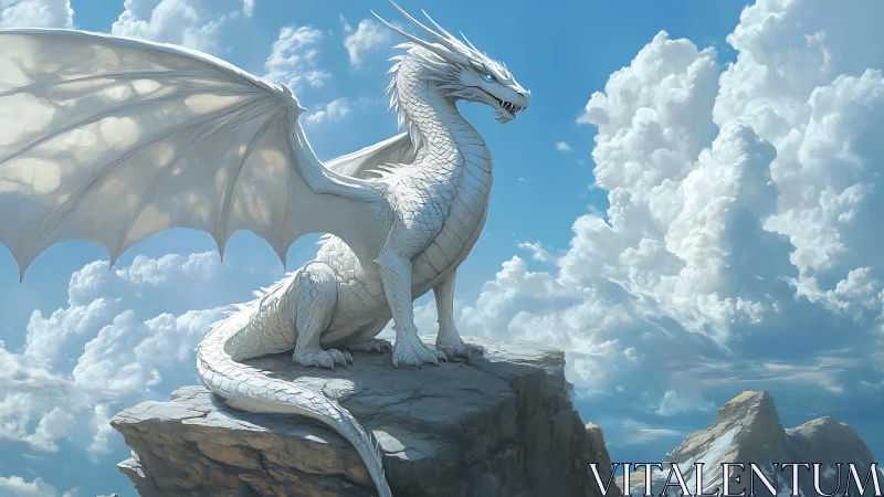 Majestic white dragon surveys sunlit clouds from a rocky precipice