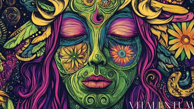 Floral masked female face in dense psychedelic pattern artwork.