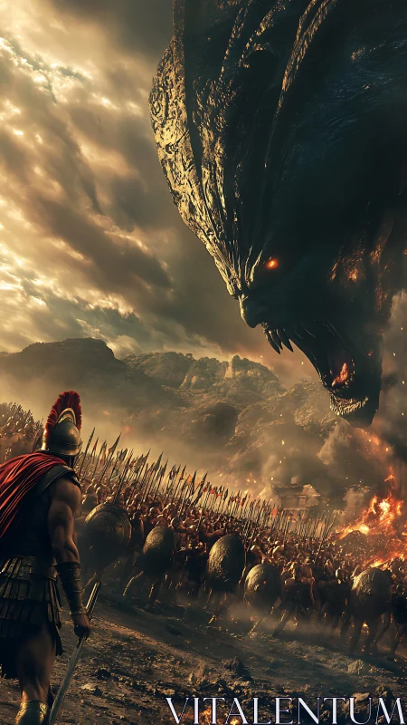 Stormlit Spartan standoff with colossal fire-eyed titan.