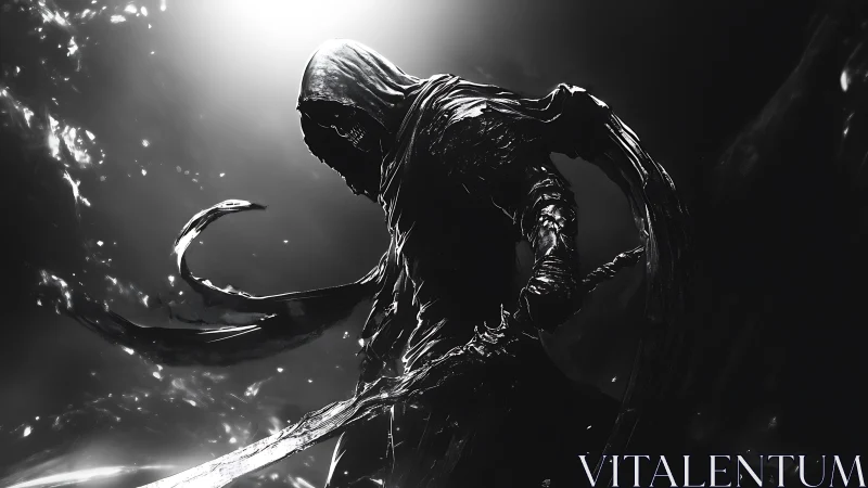 Hooded wraith emerges in monochrome high-contrast chiaroscuro.