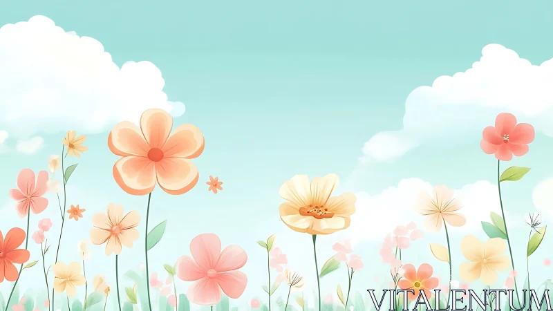 Wildflower Meadow Beneath Turquoise Sky with Clouds