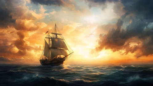 Tall ship cuts through glowing sunset storm seas.