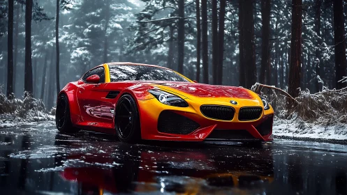 Dual-tone performance coupe on reflective winter forest road.