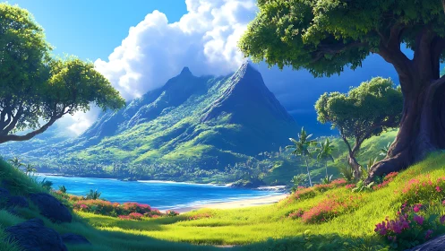 Coastal tropical landscape with mountains, trees, and shoreline.