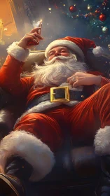 Relaxed Santa on phone beside glowing Christmas tree.