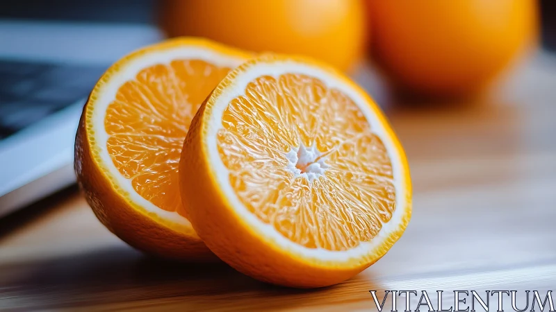 Juicy orange halves rest on a desk in bright natural light