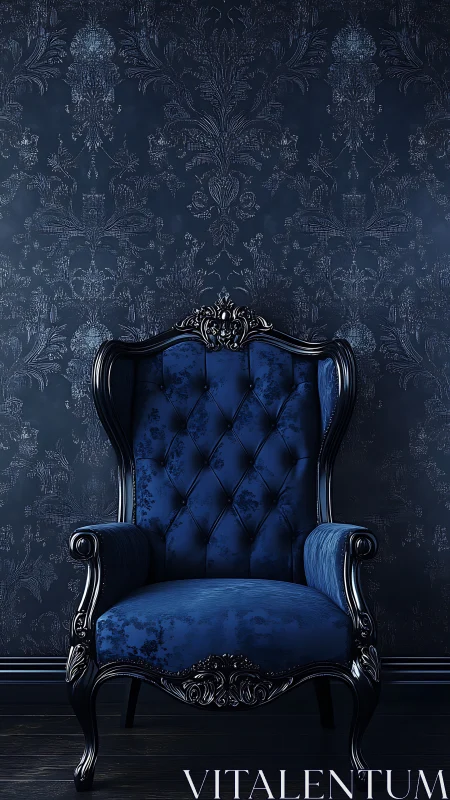 Baroque velvet armchair against tonal damask backdrop.