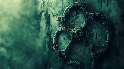 Eerie biohazard emblem glowing in misty green shadows.