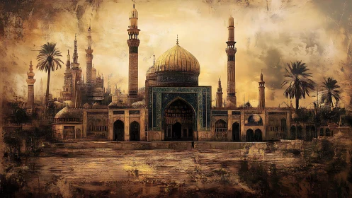 Atmospheric Islamic cityscape with domed mosque and layered minarets