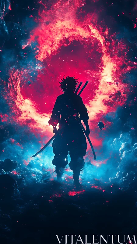 Silhouette swordsman framed by fiery neon energy portal