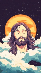 Celestial portrait within clouds under radiant halo disc.