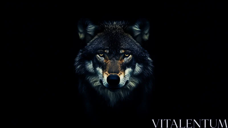 Wolf head is centrally framed against uniform black background