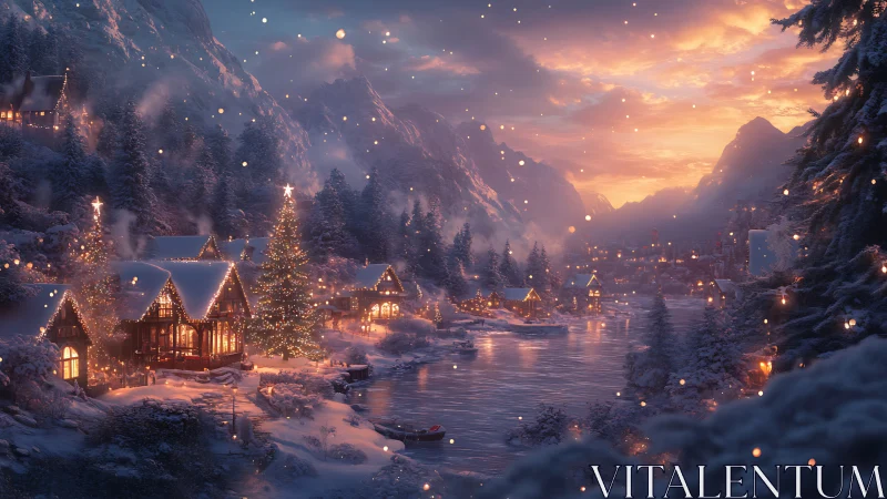 Snowy alpine river village with illuminated chalets at dusk