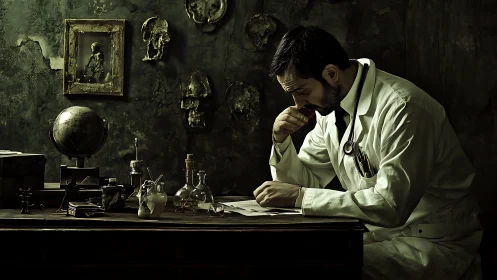 Cinematic study of pensive doctor in moody laboratory interior.
