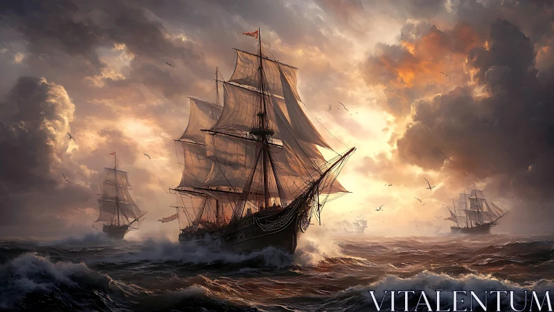 Tri-masted frigates under storm-lit sky with dynamic ocean spray