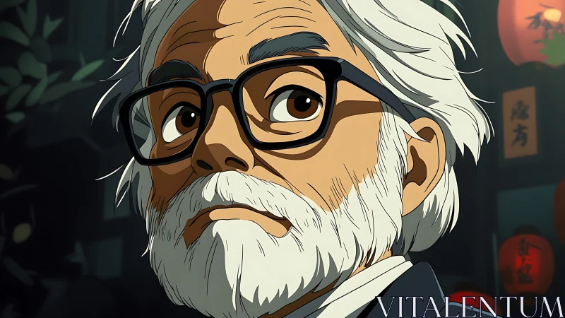 Gentle-eyed elder under lantern light, lost in quiet thought.