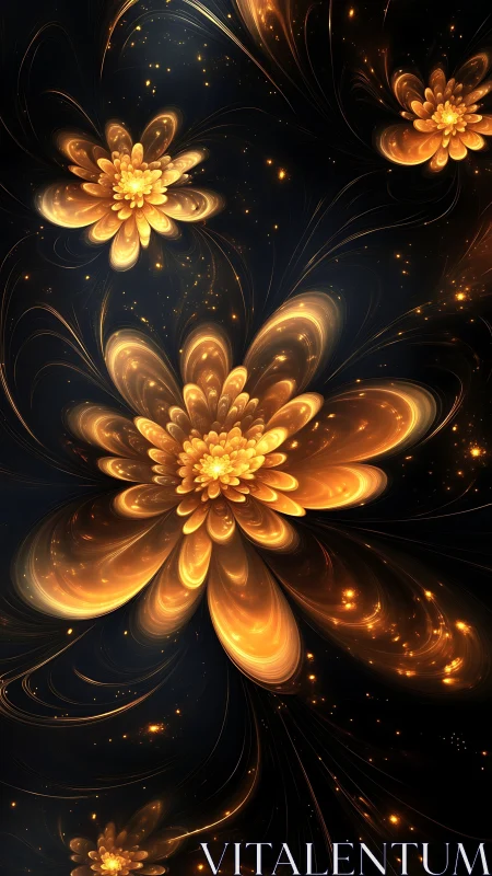 Golden cosmic flowers glow gently across a dreamy night sky