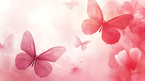 Pink butterflies drift through soft pastel floral haze