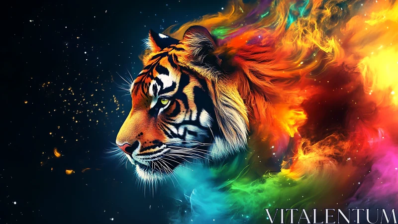 Tiger head dissolves into multi-colored nebula-like forms