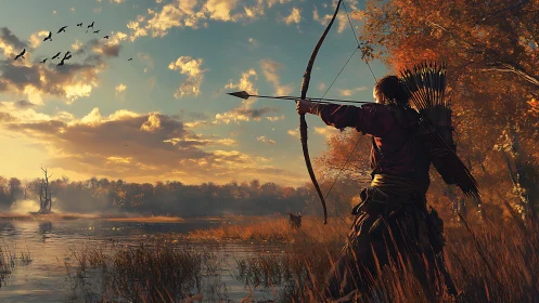 Cinematic archer at autumn lakeside in warm backlight panorama.