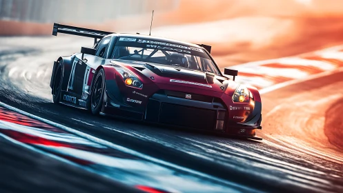Sunlit apex devours a crimson GT racer in liquid motion