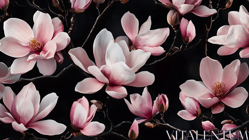 Pink magnolia flowers on dark branches against black background