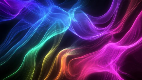 Neon ribbons whisper across a dark cosmic hallway.