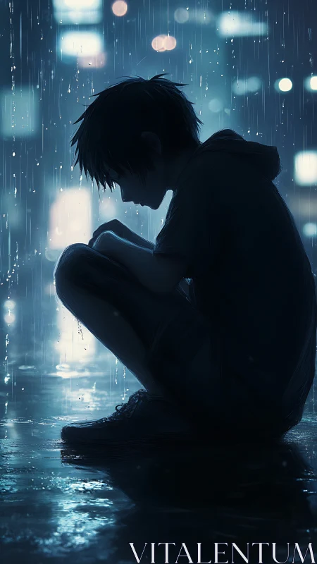 Lonely youth curls into the rain on a neon city street