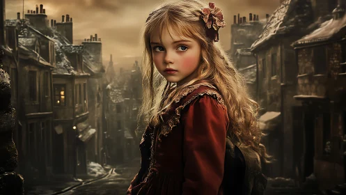 Victorian alleyway portrait of lone child, cinematic grading.