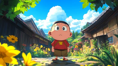 Cartoon child in lush village lane under vivid summer sky.