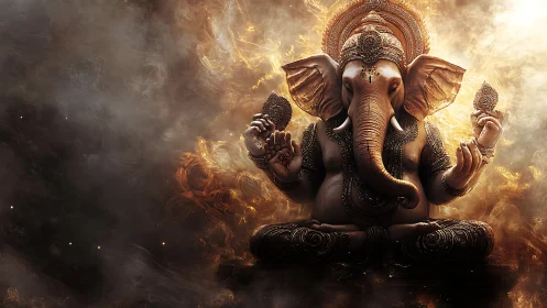 Golden seated Ganesha in ornate smoke filled background
