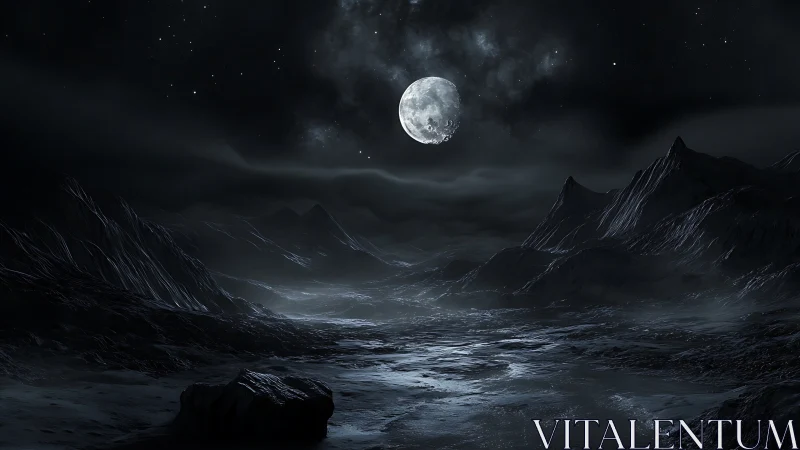 Moonlit void over frozen alien valley, whispering in silver.